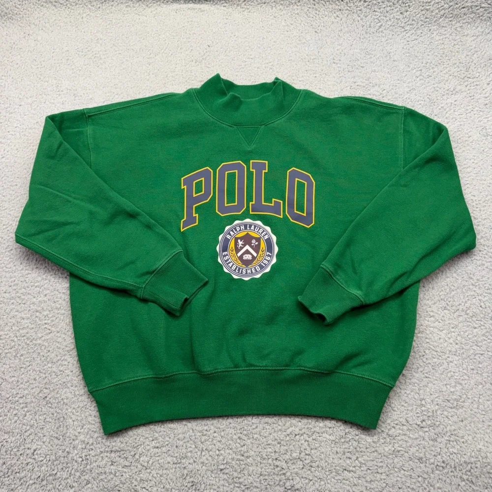 Ralph Lauren Girls XL 16 Green Graphic Crest Logo Fleece Mockneck Sweatshirt